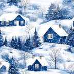 Illustration of blue houses with snow-covered roofs and trees. Snowflakes are falling, creating a wintery scene.