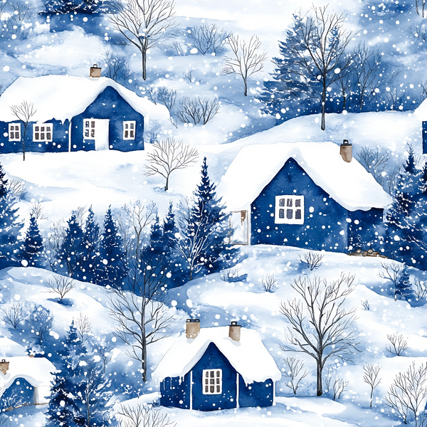 Illustration of blue houses with snow-covered roofs and trees. Snowflakes are falling, creating a wintery scene.