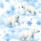 Illustration of polar bears walking on a snowy background with blue snowflakes scattered around.