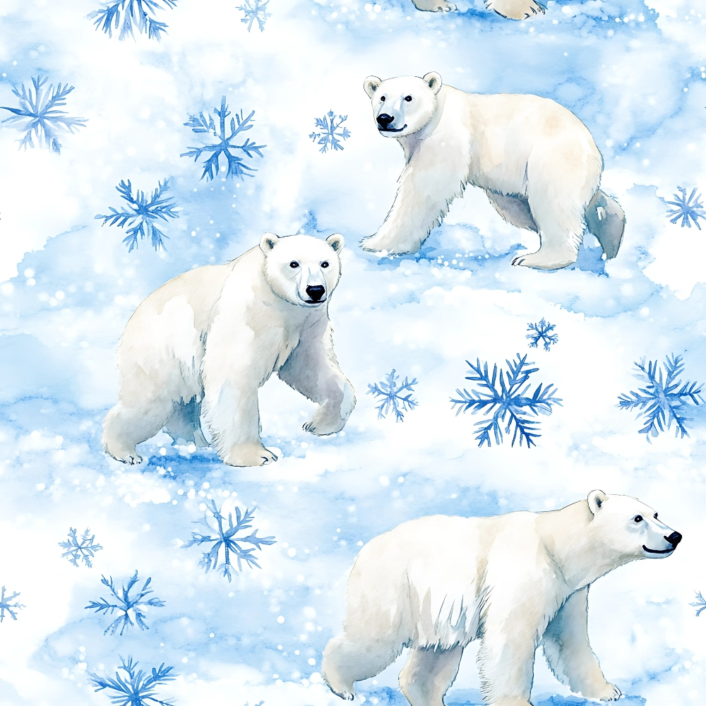 Illustration of polar bears walking on a snowy background with blue snowflakes scattered around.