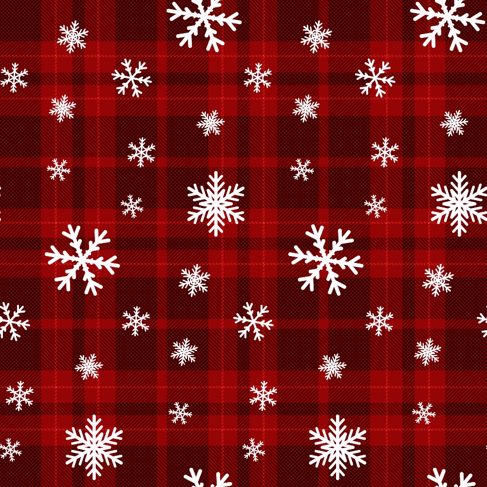 Red plaid pattern with scattered white snowflakes of various sizes.