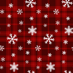 Red plaid pattern with scattered white snowflakes of various sizes.
