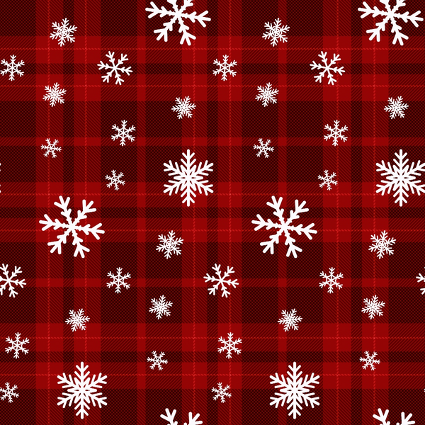 Red plaid pattern with scattered white snowflakes of various sizes.