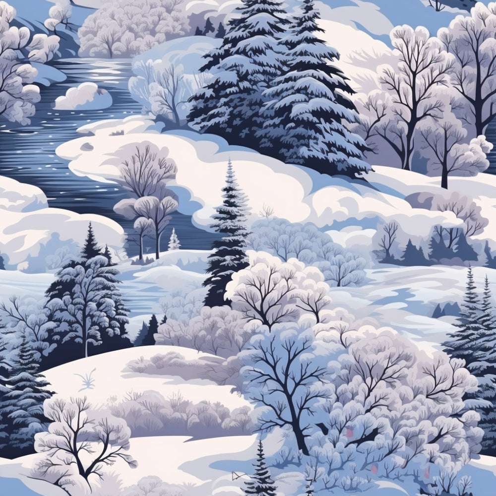Snow-covered landscape with numerous trees, a frozen stream, and distant hills. Pine and deciduous trees are coated in snow, creating a wintry scene under a cloudy sky.