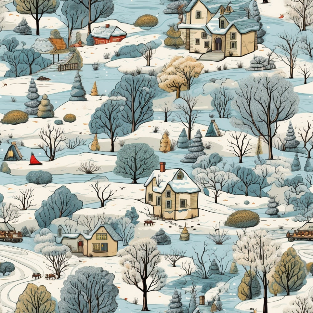 Illustrated winter scene with snow-covered trees, houses, and paths. Some houses have smoke rising from chimneys. A small figure in red walks through the snow.