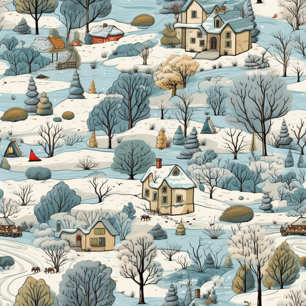 Illustrated winter scene with snow-covered trees, houses, and paths. Some houses have smoke rising from chimneys. A small figure in red walks through the snow.