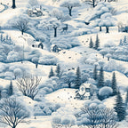 Illustration of a snowy winter landscape with houses, trees, and a flowing river. Birds dot the sky, while bare trees and firs mix in the scenery.