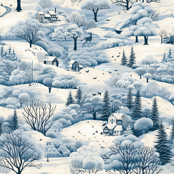 Illustration of a snowy winter landscape with houses, trees, and a flowing river. Birds dot the sky, while bare trees and firs mix in the scenery.