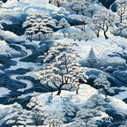 Illustration of a winter landscape with snow-covered trees and swirling blue and white patterns resembling wind and water.