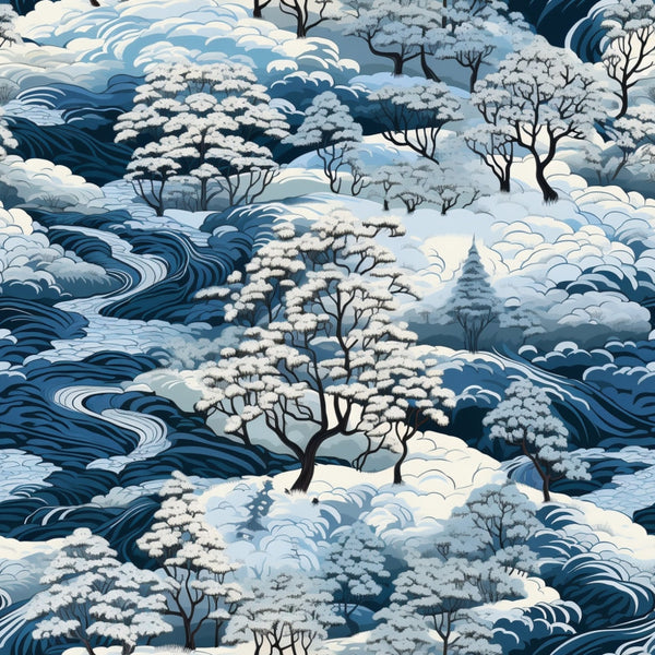 Illustration of a winter landscape with snow-covered trees and swirling blue and white patterns resembling wind and water.