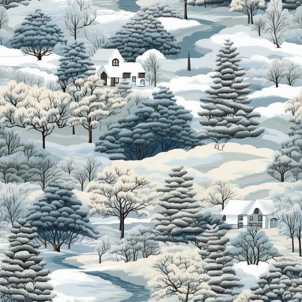 Winter landscape illustration featuring snow-covered trees, two houses, and a distant church steeple under a cloudy sky.