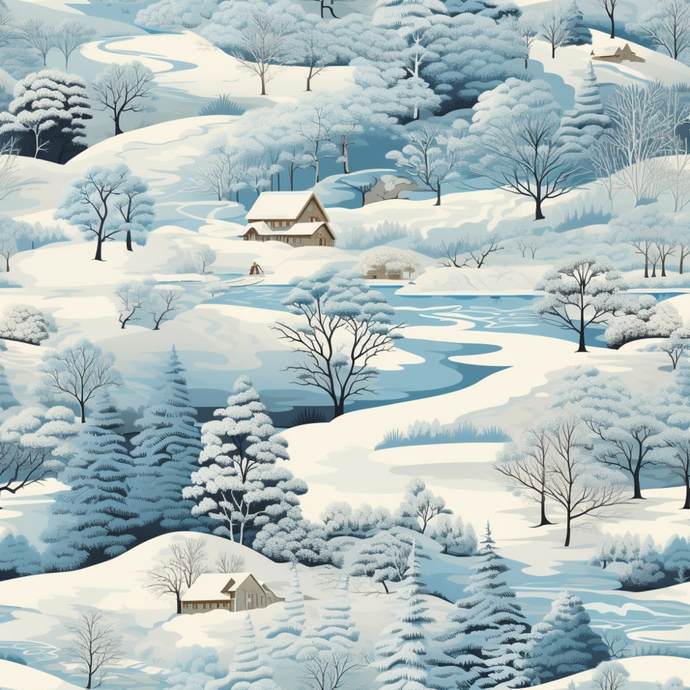 Snowy landscape illustration with hills, trees, and cottages. The scene is predominantly blue and white, depicting a serene winter setting with gently rolling terrains.