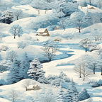 Snowy landscape illustration with hills, trees, and cottages. The scene is predominantly blue and white, depicting a serene winter setting with gently rolling terrains.