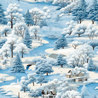 Illustration of a snowy landscape with trees, a river, and houses. Everything is covered in snow, creating a serene winter scene with a bridge crossing the river.
