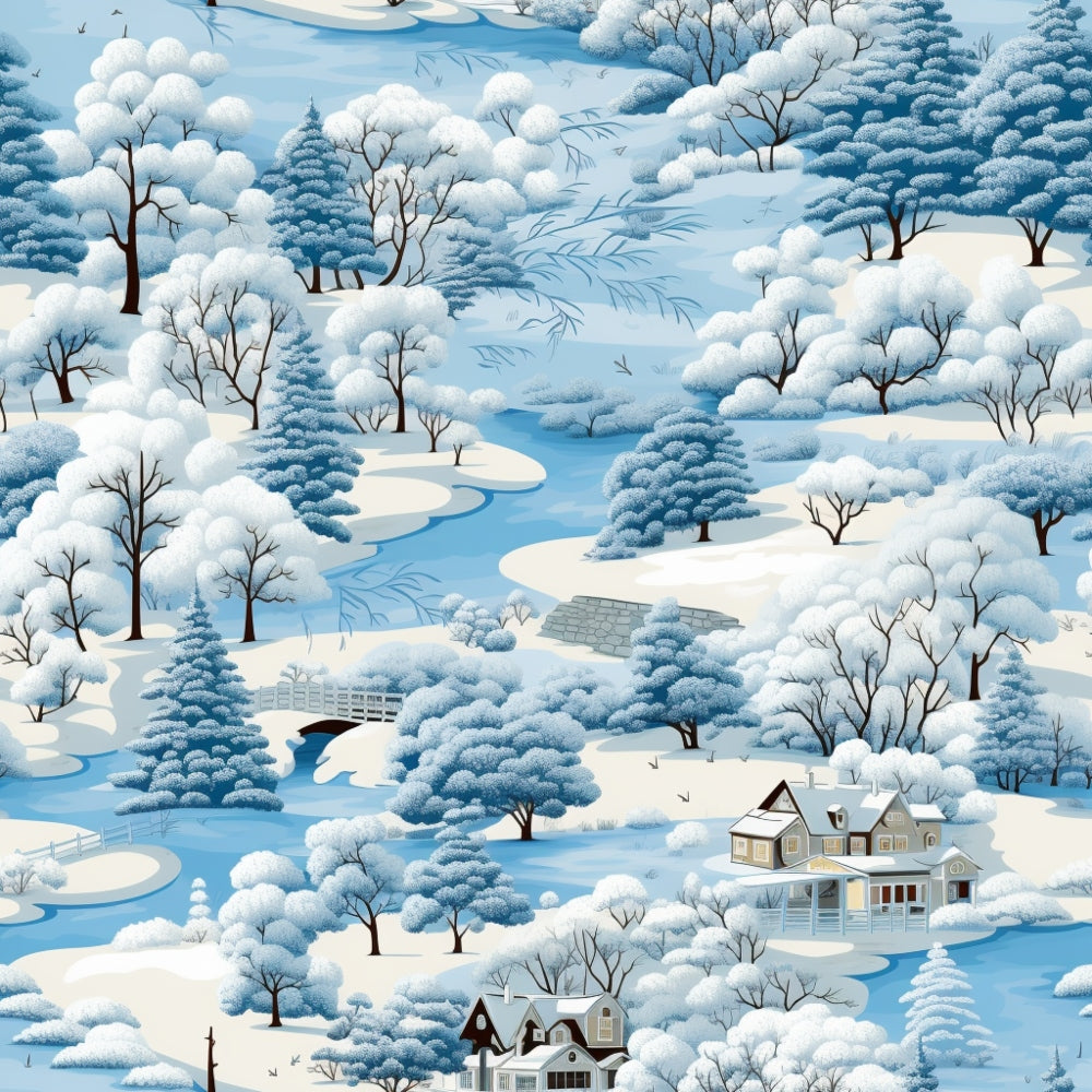 Illustration of a snowy landscape with trees, a river, and houses. Everything is covered in snow, creating a serene winter scene with a bridge crossing the river.