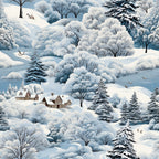 A winter landscape illustration with snow-covered trees, houses, and hills. Deer and a person on a sled appear in the snowy scenery.