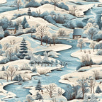 Illustration of a snowy landscape with trees, a winding river, and scattered houses.