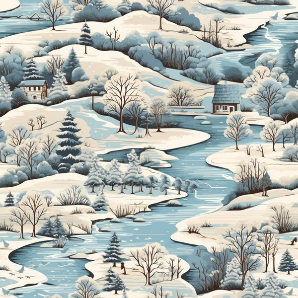 Illustration of a snowy landscape with trees, a winding river, and scattered houses.