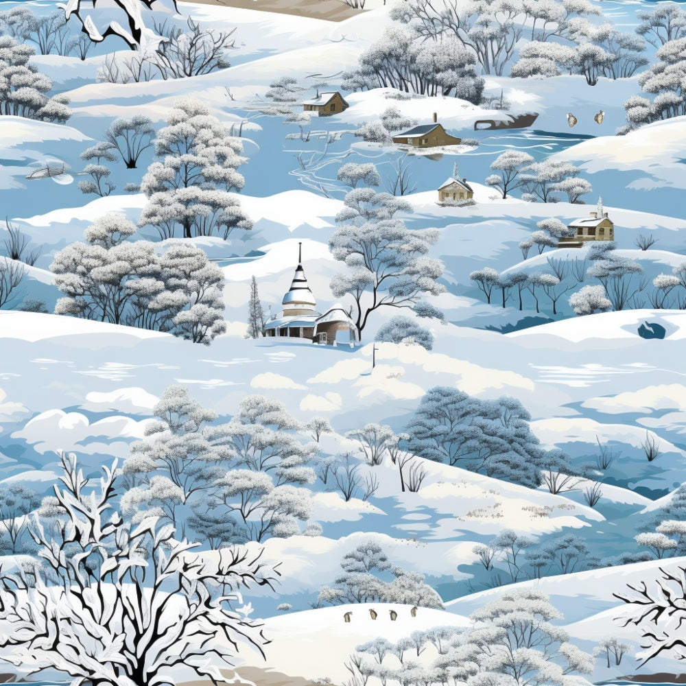 Winter landscape with snow-covered hills, trees, and cottages. A church is visible among the snowy scenery, with a frozen lake and scattered houses in the background.