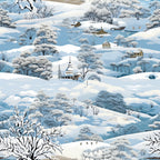Winter landscape with snow-covered hills, trees, and cottages. A church is visible among the snowy scenery, with a frozen lake and scattered houses in the background.