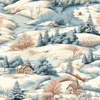 Illustration of a snowy landscape with trees, hills, and houses. The scene includes rivers, snow-covered ground, and various scattered foliage.