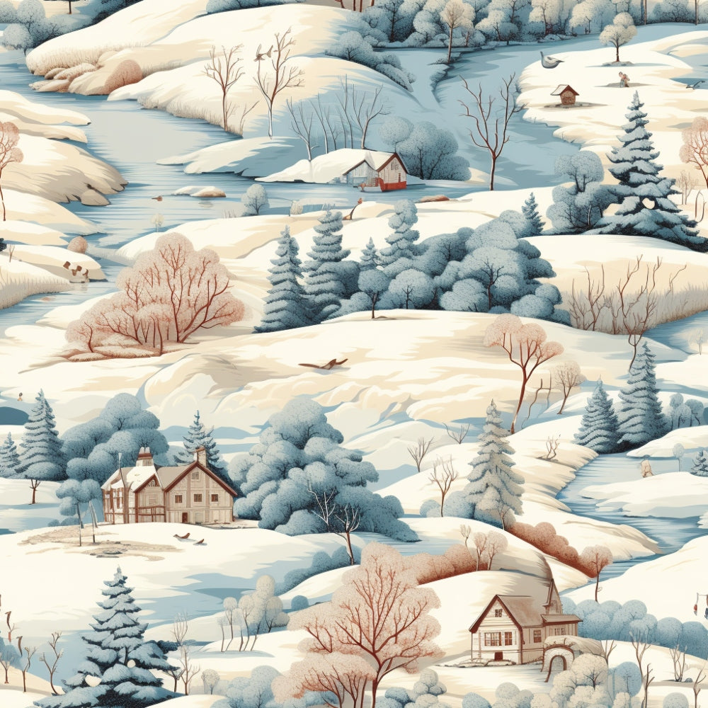 Illustration of a snowy landscape with trees, hills, and houses. The scene includes rivers, snow-covered ground, and various scattered foliage.