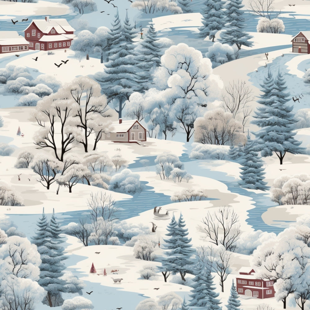 Illustration of a snowy landscape with trees, a winding river, red houses, and flying birds under a cloudy sky.