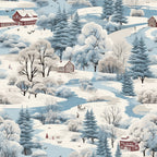 Illustration of a snowy landscape with trees, a winding river, red houses, and flying birds under a cloudy sky.