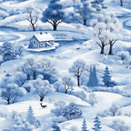 A snowy winter landscape featuring a house, trees, and a river. Wildlife includes birds and a deer. Scene is in shades of blue and white, with gentle hills and a serene atmosphere.