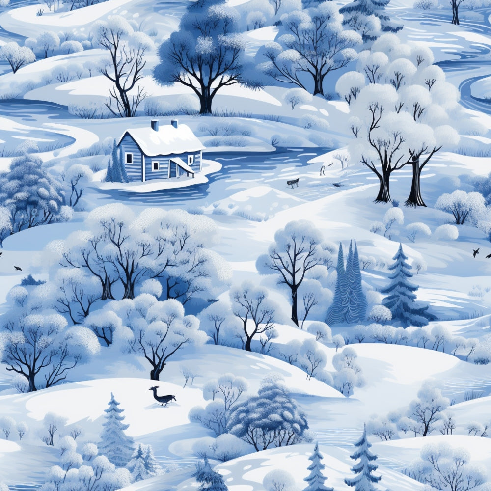 A snowy winter landscape featuring a house, trees, and a river. Wildlife includes birds and a deer. Scene is in shades of blue and white, with gentle hills and a serene atmosphere.