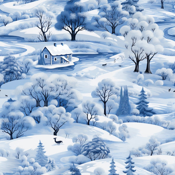 A snowy winter landscape featuring a house, trees, and a river. Wildlife includes birds and a deer. Scene is in shades of blue and white, with gentle hills and a serene atmosphere.