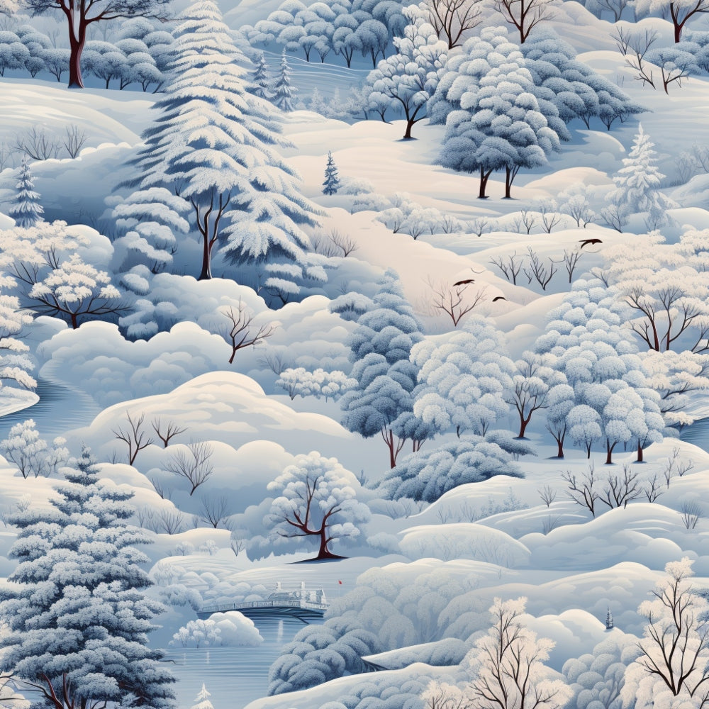 Illustration of a snowy landscape featuring snow-covered trees, hills, and a small bridge over a partially frozen river.