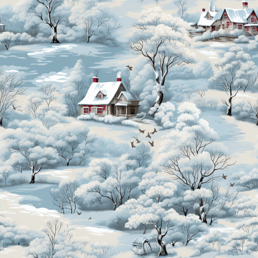 Winter scene with two cottages surrounded by snow-covered trees, birds flying, and a frozen pond. A snow-covered house is in the background.