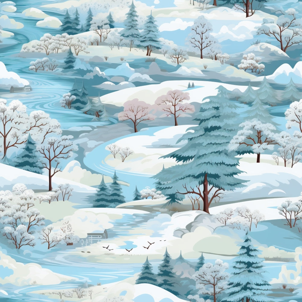 An illustrated winter landscape with snow-covered hills, trees, and a winding river. Birds fly above the river, and a small cabin is visible on the left side.