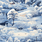 Snowy landscape with trees, a small house, birds in flight, and distant deer. Winding paths cut through the snow-laden terrain, creating a serene winter scene.