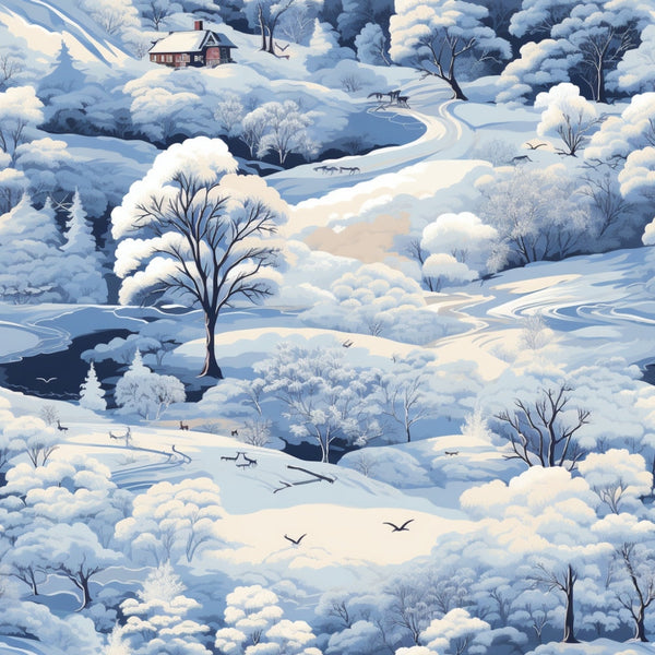 Snowy landscape with trees, a small house, birds in flight, and distant deer. Winding paths cut through the snow-laden terrain, creating a serene winter scene.