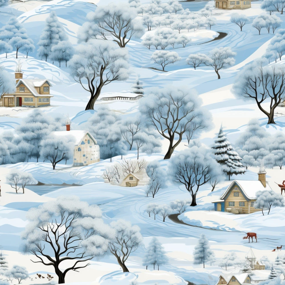 Illustrated snowy landscape with houses, bare trees, and rolling hills, covered in snow. A winding river and a few deer are visible among the winter scenery.