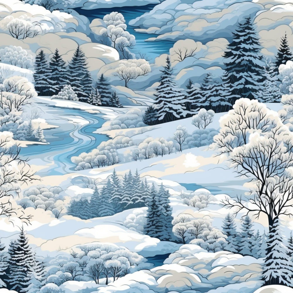 Illustration of a snowy landscape with pine trees, rolling hills, and a winding river against a cloudy sky.