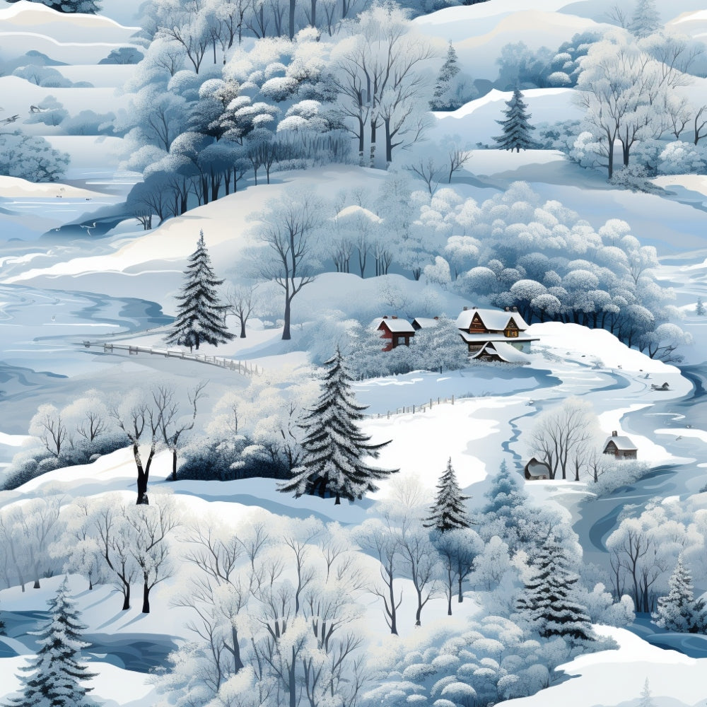 Illustration of a winter landscape with snow-covered hills, trees, a winding river, and several small houses nestled among the scenery.