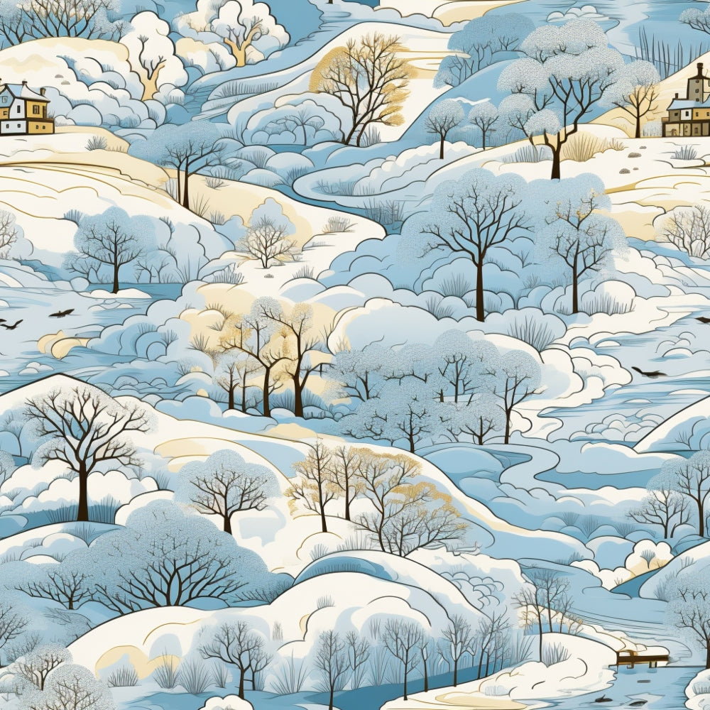 Illustrated winter landscape with snowy hills, leafless trees, and small houses. A river flows through, and birds fly in the sky.