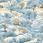 Illustrated winter landscape with snowy hills, leafless trees, and small houses. A river flows through, and birds fly in the sky.