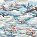 Illustration of a mountainous winter landscape with snow-covered hills, trees, and a forest. Sky features birds in flight.