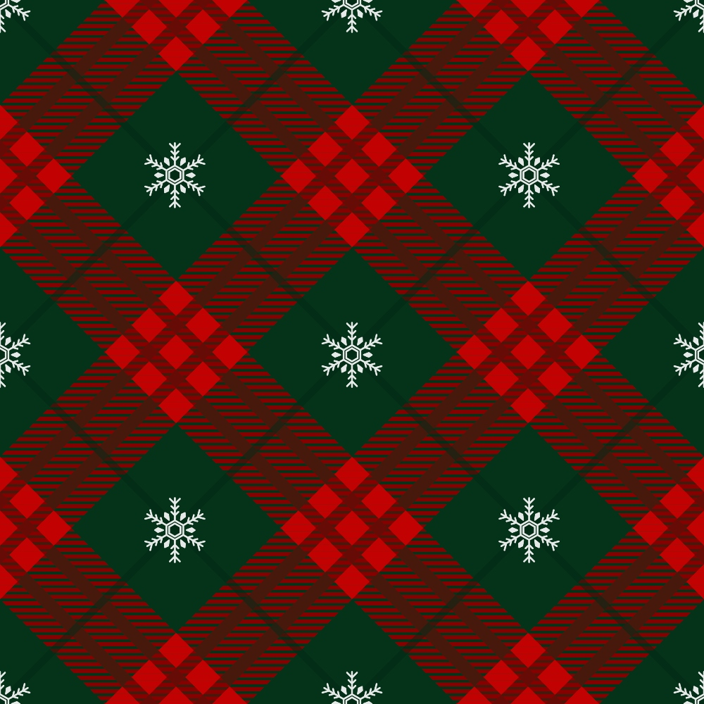 Plaid pattern with red and green checkered design and white snowflakes arranged symmetrically.