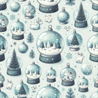 Pattern of snow globes featuring trees, snowmen, reindeer, and snowy landscapes on a light blue background with snowflakes.