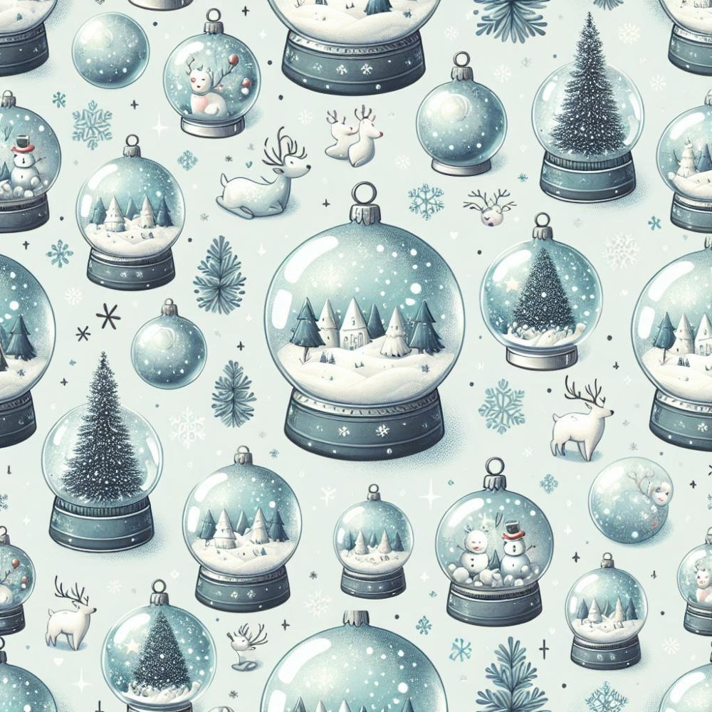 Pattern of snow globes featuring trees, snowmen, reindeer, and snowy landscapes on a light blue background with snowflakes.
