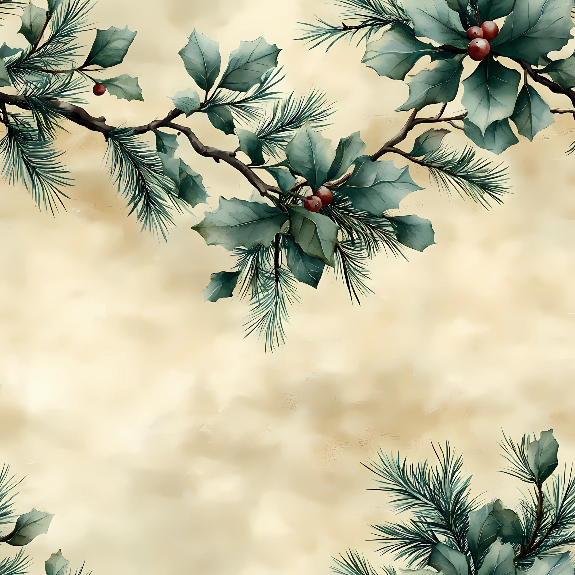 winter greenery, holly leaves, red berries, pine needles, evergreen branches, botanical illustration, sage green, cream background, beige tones, burgundy accents, watercolor style, nature motifs, christmas foliage,, fabric panel, seasonal design, organic patterns, winter botanicals, holiday elements
