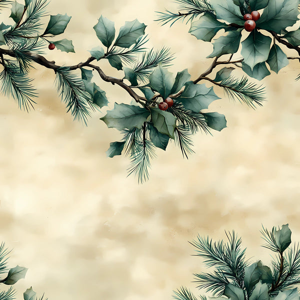 winter greenery, holly leaves, red berries, pine needles, evergreen branches, botanical illustration, sage green, cream background, beige tones, burgundy accents, watercolor style, nature motifs, christmas foliage,, fabric panel, seasonal design, organic patterns, winter botanicals, holiday elements