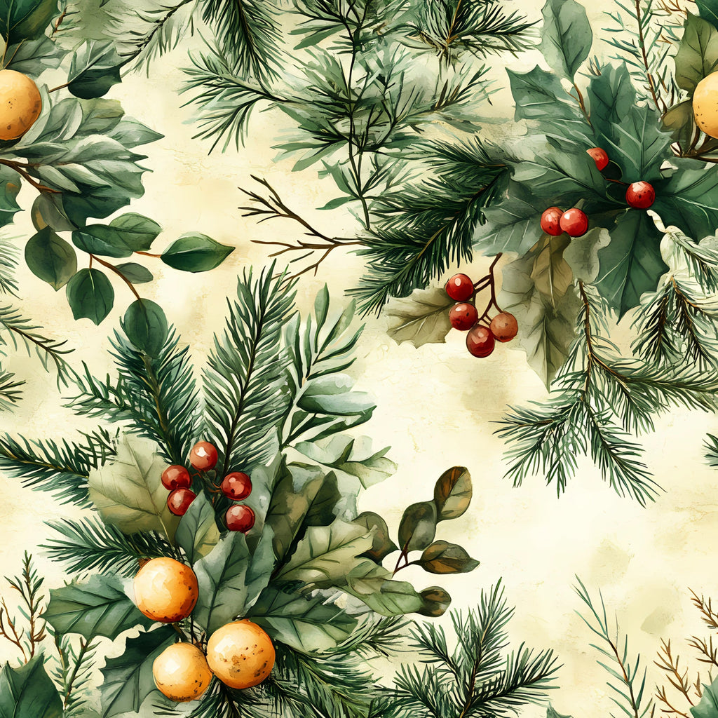forest green, cream background, red berries, orange fruits, pine branches, holly leaves, evergreen needles, botanical pattern, winter foliage, watercolor style, nature motif,, fabric panel, seasonal greenery, mixed botanicals, soft muted tones, organic arrangement, winter plants, natural elements, repeating pattern
