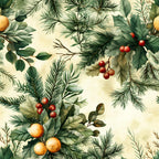 forest green, cream background, red berries, orange fruits, pine branches, holly leaves, evergreen needles, botanical pattern, winter foliage, watercolor style, nature motif,, fabric panel, seasonal greenery, mixed botanicals, soft muted tones, organic arrangement, winter plants, natural elements, repeating pattern
