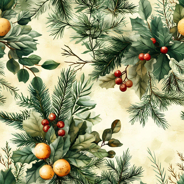 forest green, cream background, red berries, orange fruits, pine branches, holly leaves, evergreen needles, botanical pattern, winter foliage, watercolor style, nature motif,, fabric panel, seasonal greenery, mixed botanicals, soft muted tones, organic arrangement, winter plants, natural elements, repeating pattern